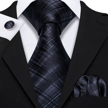 High Gloss Black Gray Stripe Tie, Pocket Square and Cufflinks Set tie sets    - Sophisticated Gentlemen