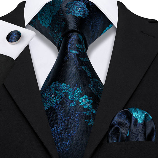 Black Blue Floral Silk Tie, Pocket Square and Cufflinks Set tie sets    - Sophisticated Gentlemen