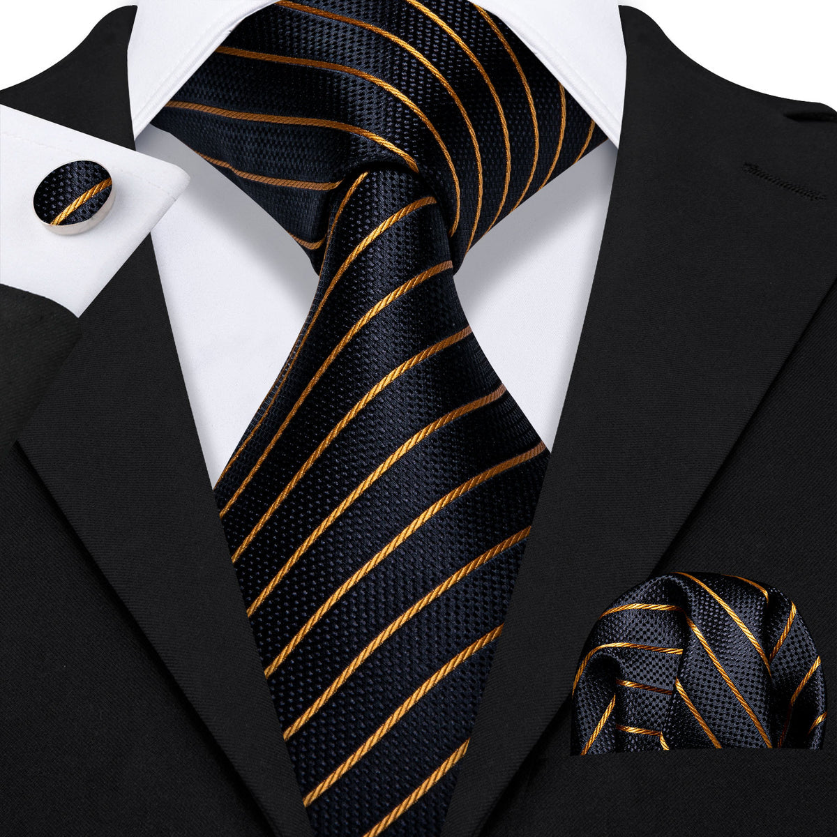 Gold Stripe Black Silk Tie, Pocket Square and Cufflinks Set tie sets    - Sophisticated Gentlemen