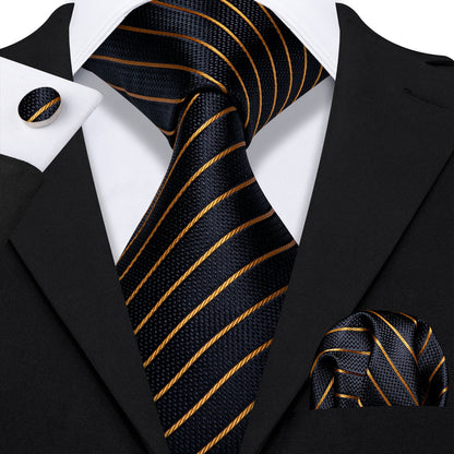 Gold Stripe Black Silk Tie, Pocket Square and Cufflinks Set tie sets    - Sophisticated Gentlemen