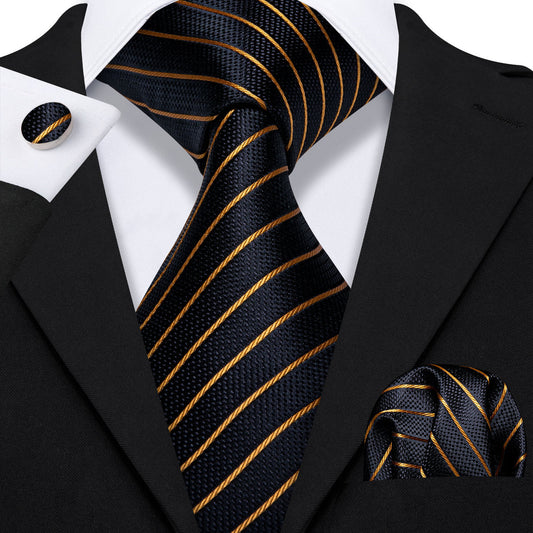 Gold Stripe Black Silk Tie, Pocket Square and Cufflinks Set tie sets    - Sophisticated Gentlemen