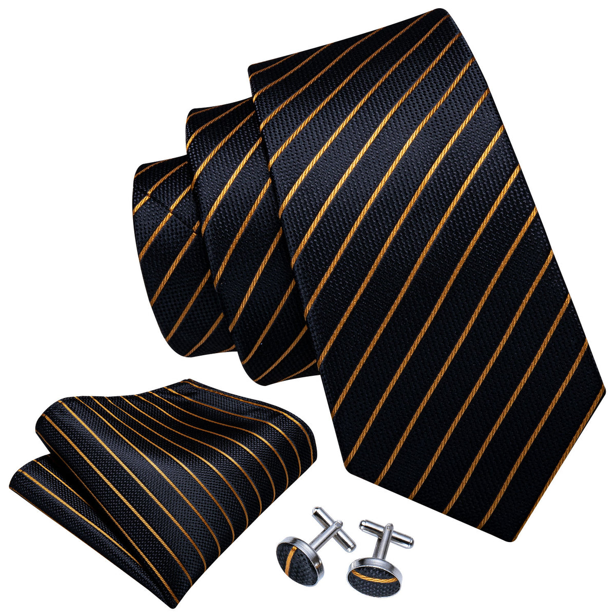 Gold Stripe Black Silk Tie, Pocket Square and Cufflinks Set tie sets    - Sophisticated Gentlemen