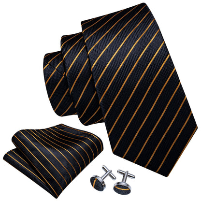 Gold Stripe Black Silk Tie, Pocket Square and Cufflinks Set tie sets    - Sophisticated Gentlemen