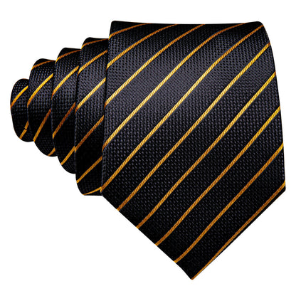 Gold Stripe Black Silk Tie, Pocket Square and Cufflinks Set tie sets    - Sophisticated Gentlemen