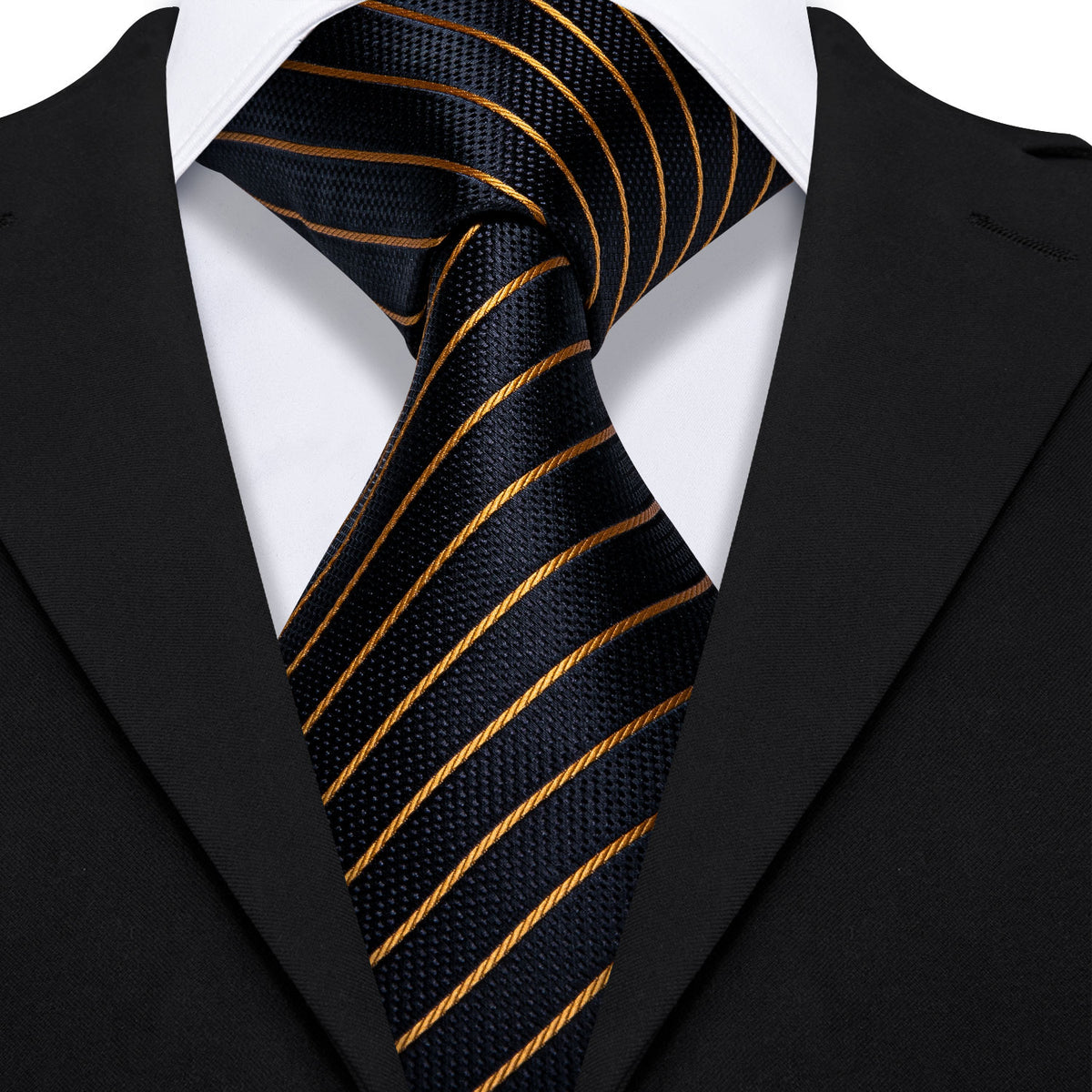 Gold Stripe Black Silk Tie, Pocket Square and Cufflinks Set tie sets    - Sophisticated Gentlemen