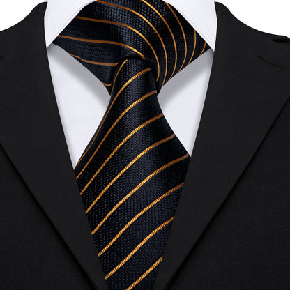 Gold Stripe Black Silk Tie, Pocket Square and Cufflinks Set tie sets    - Sophisticated Gentlemen
