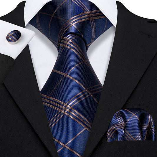 Deep Blue Gold Stripe Plaid Tie, Pocket Square and Cufflinks Set tie sets    - Sophisticated Gentlemen