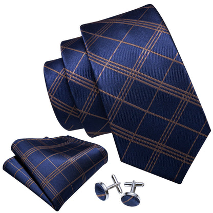 Deep Blue Gold Stripe Plaid Tie, Pocket Square and Cufflinks Set tie sets    - Sophisticated Gentlemen