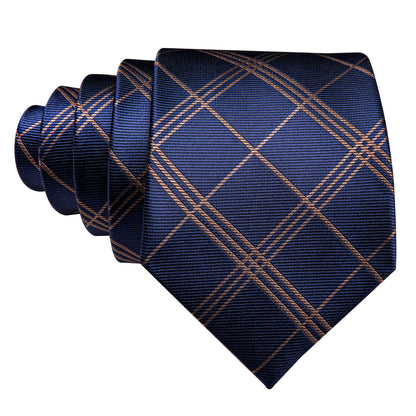Deep Blue Gold Stripe Plaid Tie, Pocket Square and Cufflinks Set tie sets    - Sophisticated Gentlemen