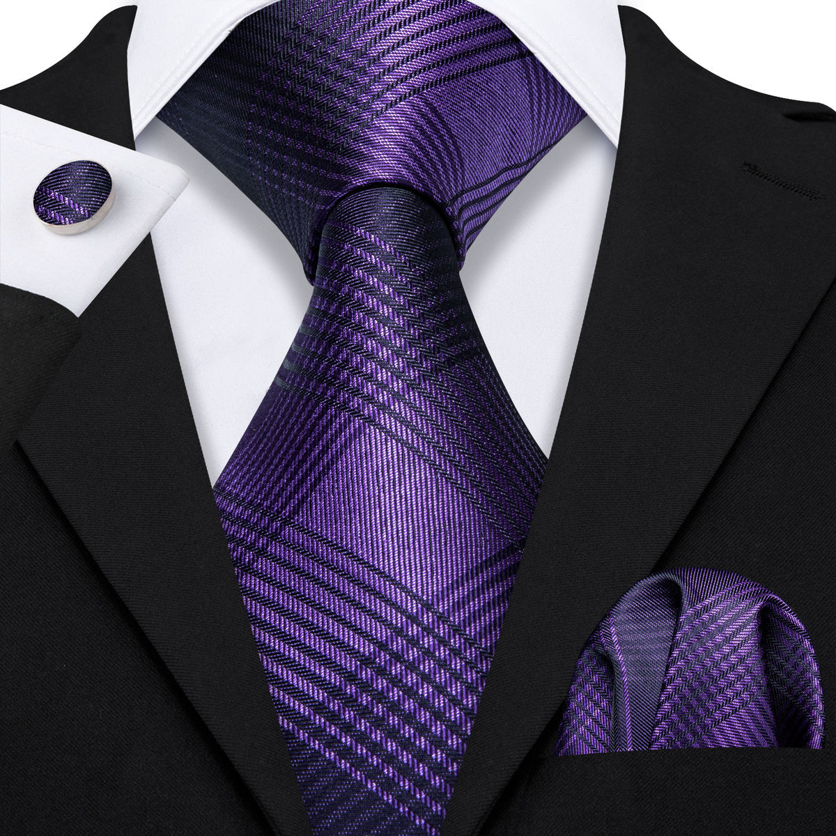 Purple Black Stripe Plaid Tie, Pocket Square and Cufflinks Set tie sets    - Sophisticated Gentlemen