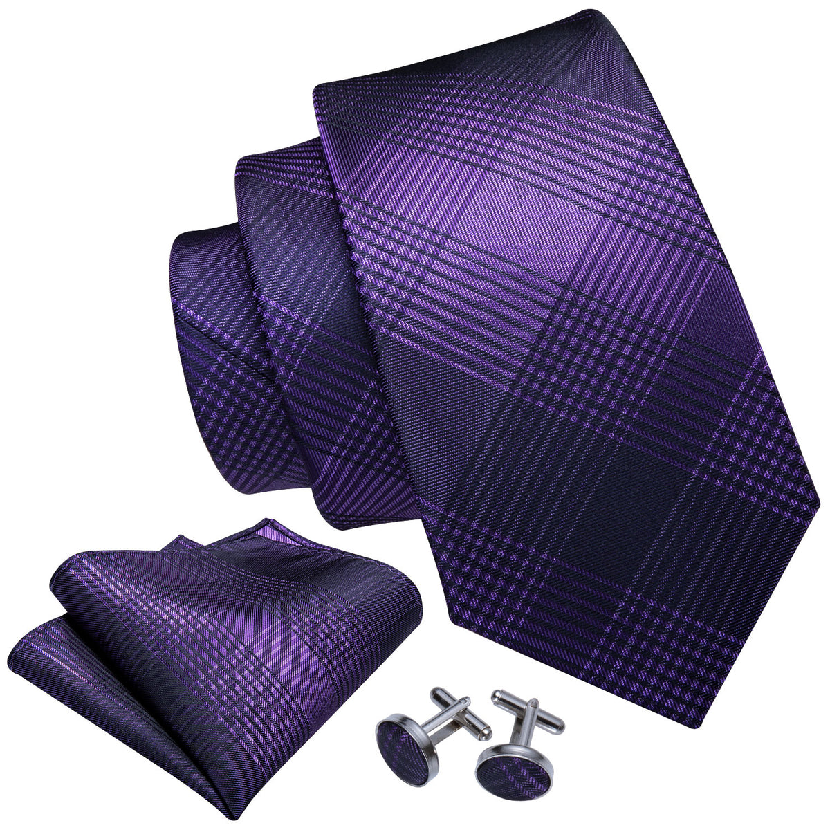 Purple Black Stripe Plaid Tie, Pocket Square and Cufflinks Set tie sets    - Sophisticated Gentlemen