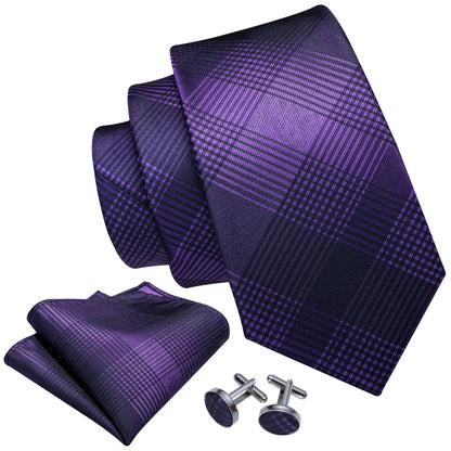 Purple Black Stripe Plaid Tie, Pocket Square and Cufflinks Set tie sets    - Sophisticated Gentlemen
