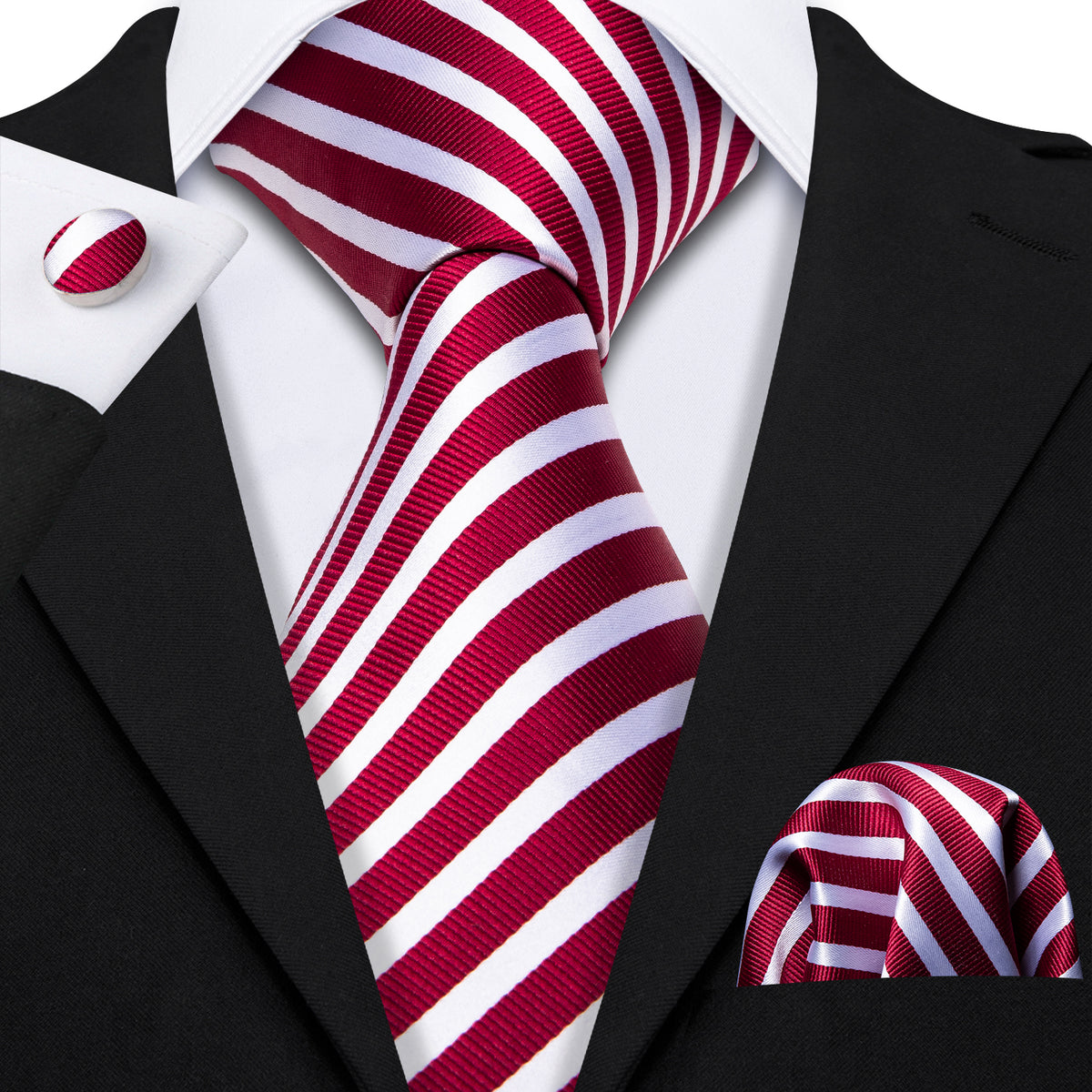 Red White Stripes Tie, Pocket Square and Cufflinks Set tie sets    - Sophisticated Gentlemen