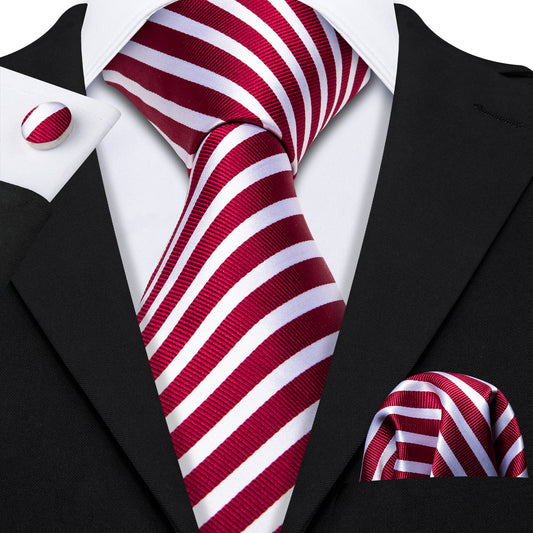 Red White Stripes Tie, Pocket Square and Cufflinks Set tie sets    - Sophisticated Gentlemen