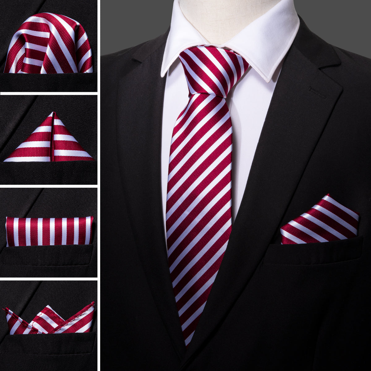 Red White Stripes Tie, Pocket Square and Cufflinks Set tie sets    - Sophisticated Gentlemen