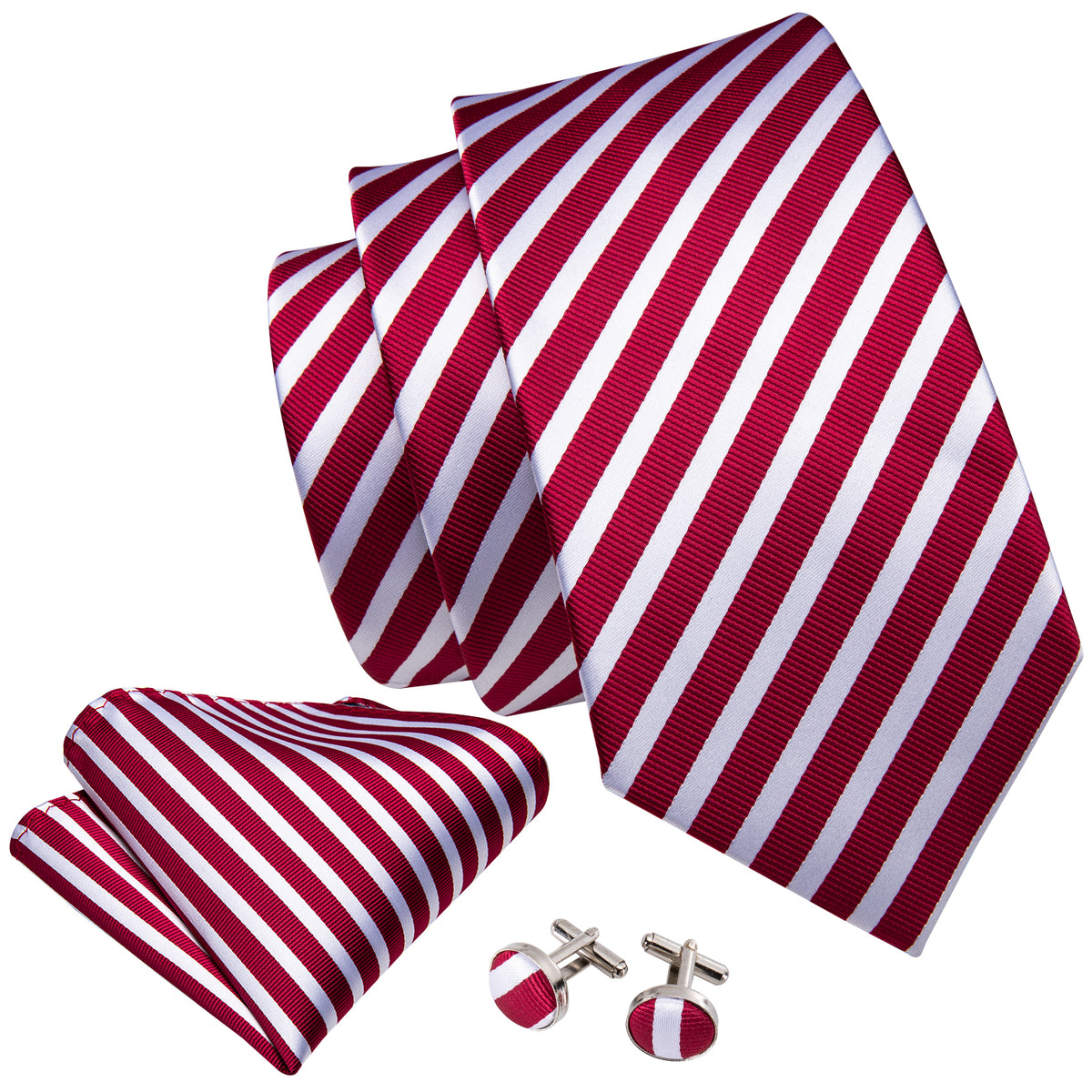 Red White Stripes Tie, Pocket Square and Cufflinks Set tie sets    - Sophisticated Gentlemen