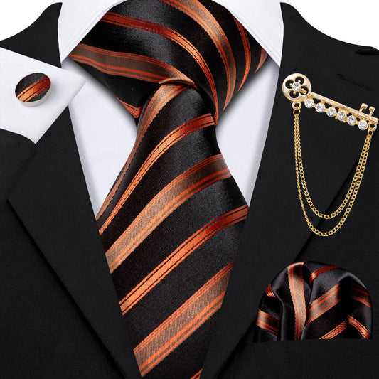 Black Orange Brown Stripe Tie, Pocket Square and Cufflinks Set tie sets    - Sophisticated Gentlemen