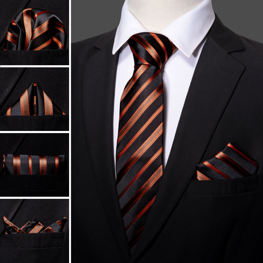 Black Orange Brown Stripe Tie, Pocket Square and Cufflinks Set tie sets    - Sophisticated Gentlemen