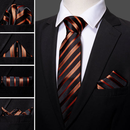 Black Orange Brown Stripe Tie, Pocket Square and Cufflinks Set tie sets    - Sophisticated Gentlemen