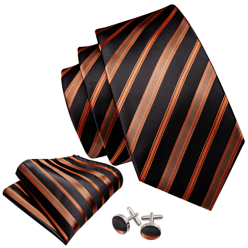 Black Orange Brown Stripe Tie, Pocket Square and Cufflinks Set tie sets    - Sophisticated Gentlemen