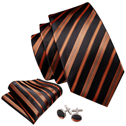 Black Orange Brown Stripe Tie, Pocket Square and Cufflinks Set tie sets    - Sophisticated Gentlemen