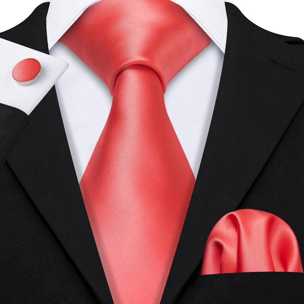Coral Red Solid Tie, Pocket Square, and Cufflinks Set tie sets    - Sophisticated Gentlemen
