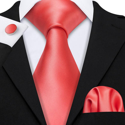 Coral Red Solid Tie, Pocket Square, and Cufflinks Set tie sets    - Sophisticated Gentlemen