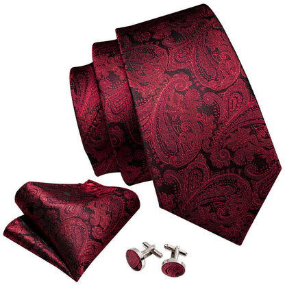 Luxury Black Red Paisley Tie, Pocket Square and Cufflinks Set tie sets    - Sophisticated Gentlemen