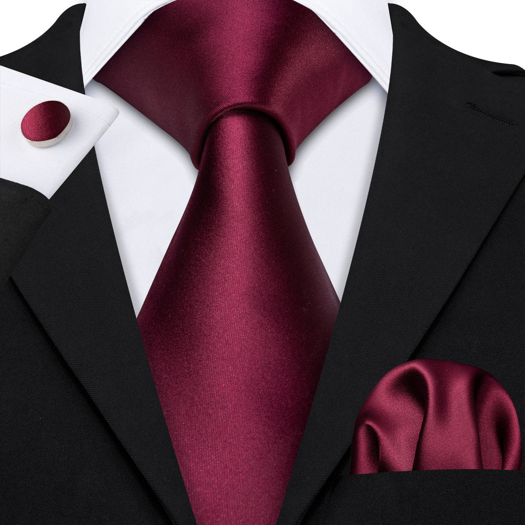 Burgundy Solid Tie, Pocket Square and Cufflinks Set tie sets    - Sophisticated Gentlemen