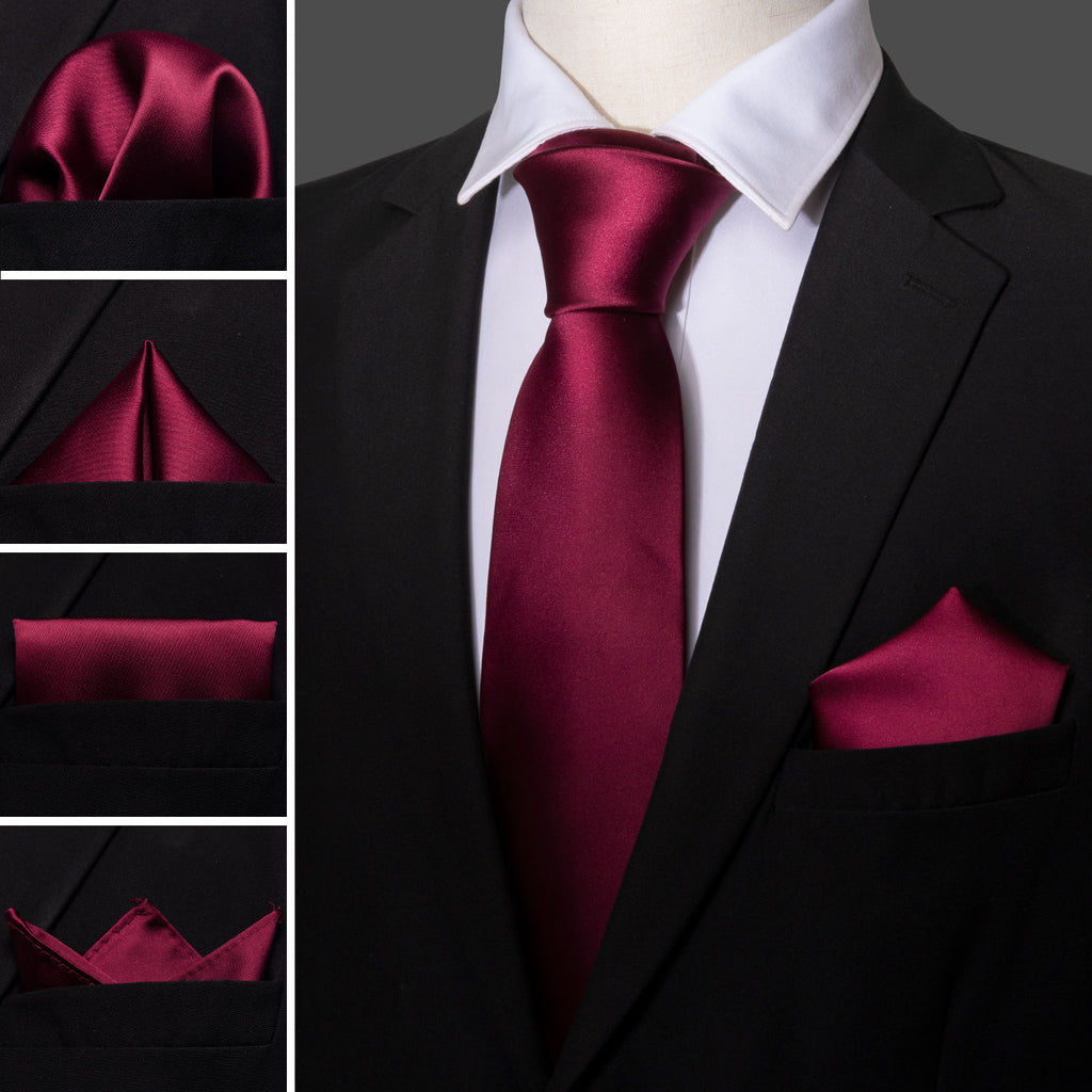 Burgundy Solid Tie, Pocket Square and Cufflinks Set tie sets    - Sophisticated Gentlemen