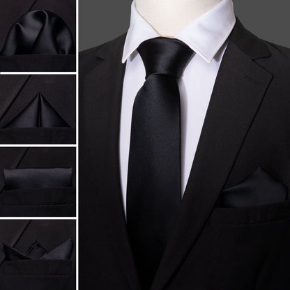 Black Solid Tie, Pocket Square and Cufflinks Set tie sets    - Sophisticated Gentlemen