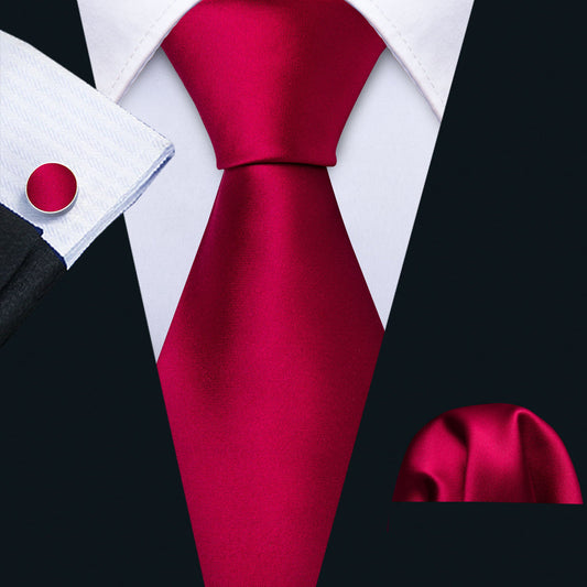 Red Satin Solid Tie, Pocket Square and Cufflinks Set tie sets    - Sophisticated Gentlemen