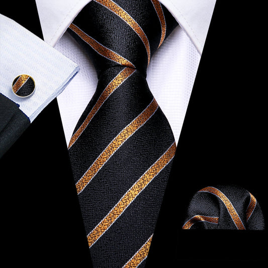 Gold-Striped Black Tie Set with Pocket Square & Cufflinks tie sets Standard packaging   - Sophisticated Gentlemen