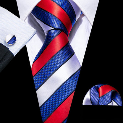 Blue Red Geometric Novelty Tie, Pocket Square and Cufflinks Set tie sets    - Sophisticated Gentlemen