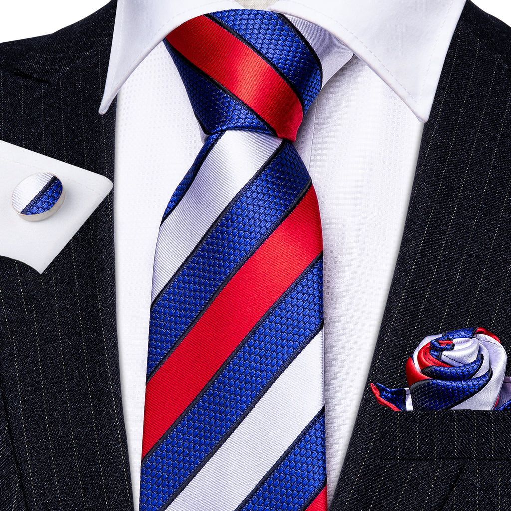 Blue Red Geometric Novelty Tie, Pocket Square and Cufflinks Set tie sets    - Sophisticated Gentlemen