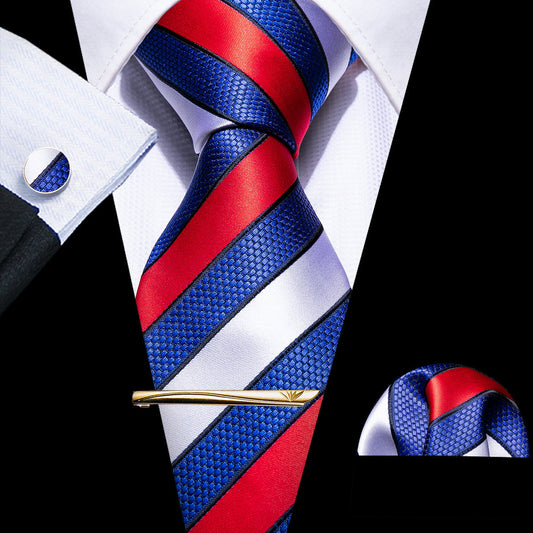 Blue Red Geometric Novelty Tie, Pocket Square and Cufflinks Set tie sets    - Sophisticated Gentlemen