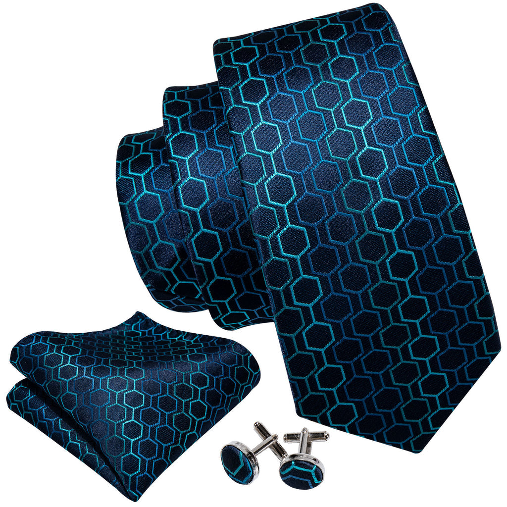 Deep Blue Geometric Plaid Silk Tie, Pocket Square and Cufflinks Set tie sets    - Sophisticated Gentlemen