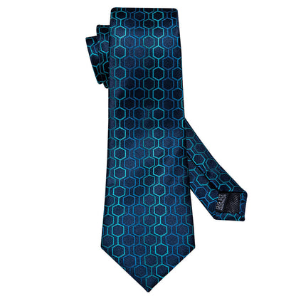 Deep Blue Geometric Plaid Silk Tie, Pocket Square and Cufflinks Set tie sets    - Sophisticated Gentlemen