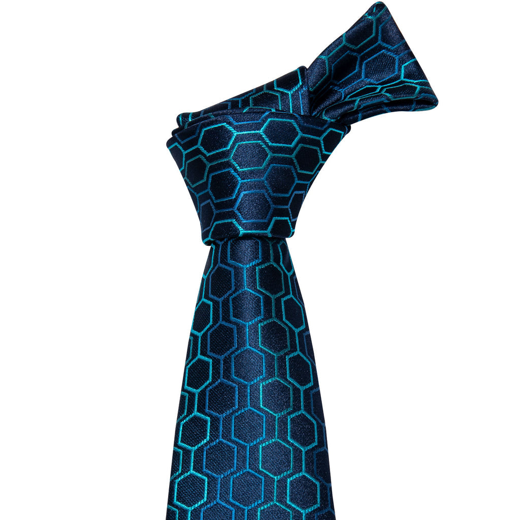 Deep Blue Geometric Plaid Silk Tie, Pocket Square and Cufflinks Set tie sets    - Sophisticated Gentlemen