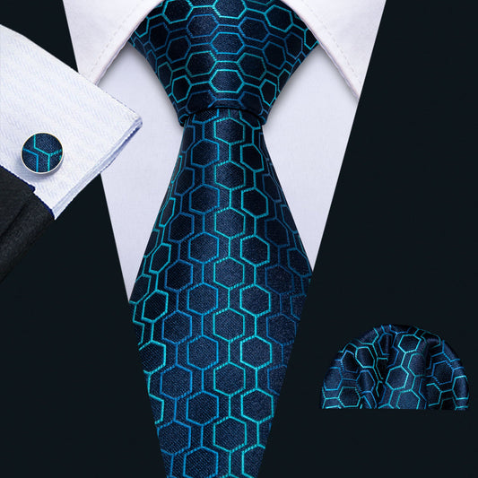 Deep Blue Geometric Plaid Silk Tie, Pocket Square and Cufflinks Set tie sets    - Sophisticated Gentlemen