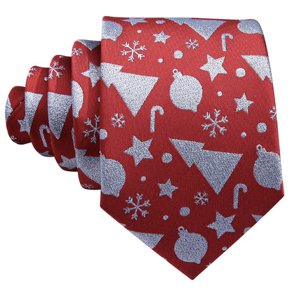 Red Christmas Silver Floral Silk Tie, Pocket Square and Cufflinks Set tie sets    - Sophisticated Gentlemen