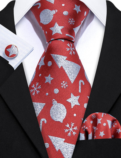 Red Christmas Silver Floral Silk Tie, Pocket Square and Cufflinks Set tie sets    - Sophisticated Gentlemen