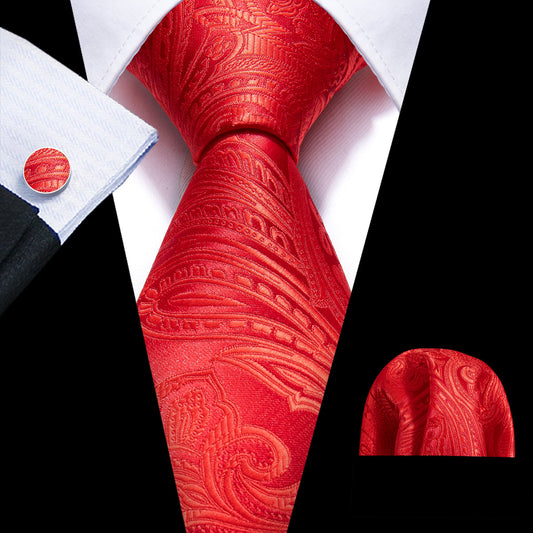 Red Paisley Silk Tie, Pocket Square and Cufflinks Set tie sets    - Sophisticated Gentlemen