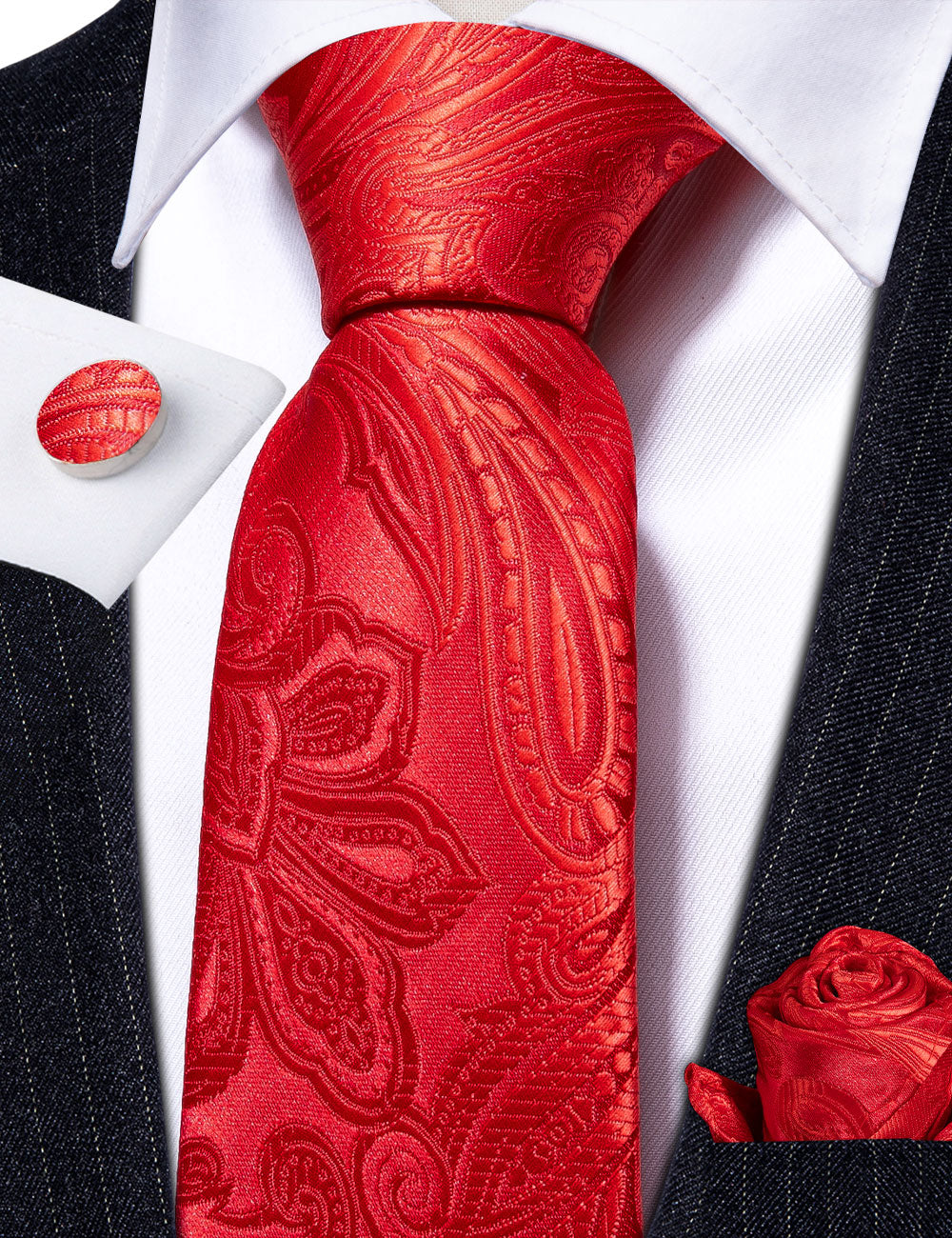 Red Paisley Silk Tie, Pocket Square and Cufflinks Set tie sets    - Sophisticated Gentlemen