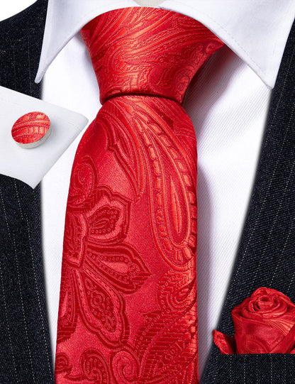 Red Paisley Silk Tie, Pocket Square and Cufflinks Set tie sets    - Sophisticated Gentlemen