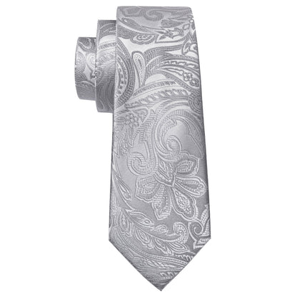 Silver Paisley Silk Tie, Pocket Square and Cufflinks Set tie sets    - Sophisticated Gentlemen