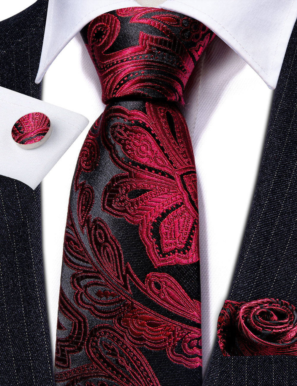 Red Black Paisley Silk Tie, Pocket Square and Cufflinks Set tie sets    - Sophisticated Gentlemen
