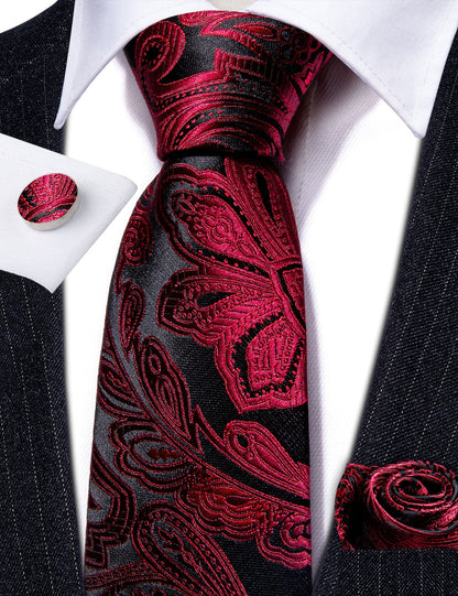 Red Black Paisley Silk Tie, Pocket Square and Cufflinks Set tie sets    - Sophisticated Gentlemen