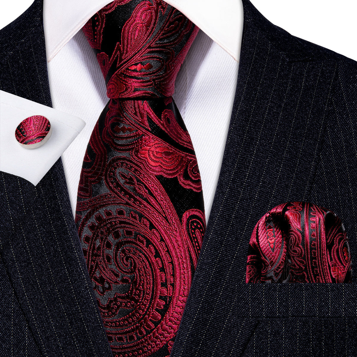 Red Black Paisley Silk Tie, Pocket Square and Cufflinks Set tie sets    - Sophisticated Gentlemen