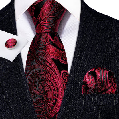 Red Black Paisley Silk Tie, Pocket Square and Cufflinks Set tie sets    - Sophisticated Gentlemen